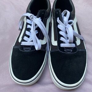 Vans Black and White Sneakers with Red Logo